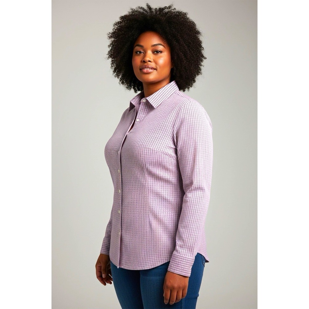 Lands' End Women’s Non-Iron Oxford Check Button Up Shirt Purple Blue White 16W